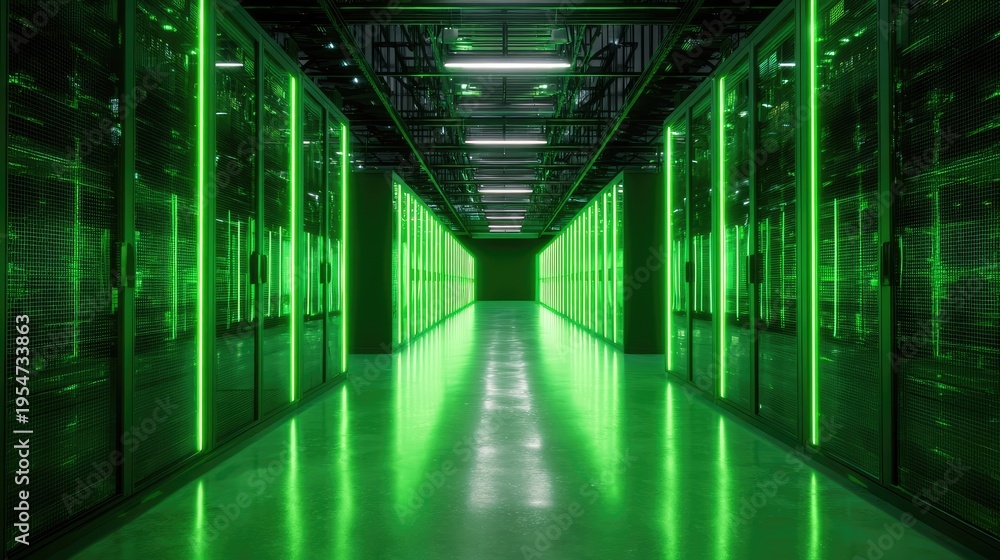 Fototapeta premium Enterprise Cloud Computing Server Room with Endless Rack Rows