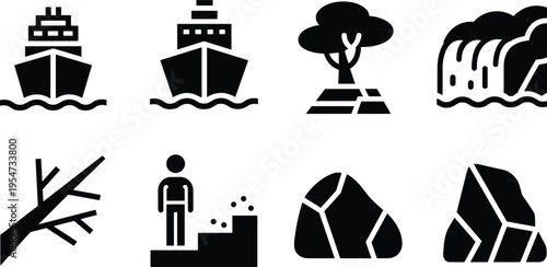 black and white environmental icon set, ship, tree, waterfall, drought, deforestation, water shortage, cracked earth, ecology symbols