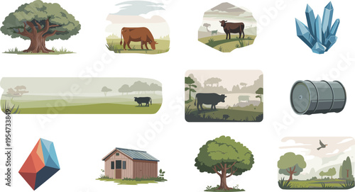 farm landscape and nature icon set, cattle, trees, rural scenery, crystal, barrel, countryside vector illustration collection design