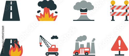 flat safety and disaster icon set, road, explosion, nuclear cloud, barrier, fire, crane, factory, warning sign, industrial emergency symbols