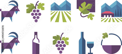 geometric wine and vineyard icon set, grapes, goat, farm landscape, bottle, glass, winery, agriculture flat vector illustration