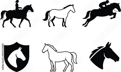 horse icon set, equestrian silhouettes, rider, jumping horse, standing horse, logo badge, animal vector collection, minimal black design