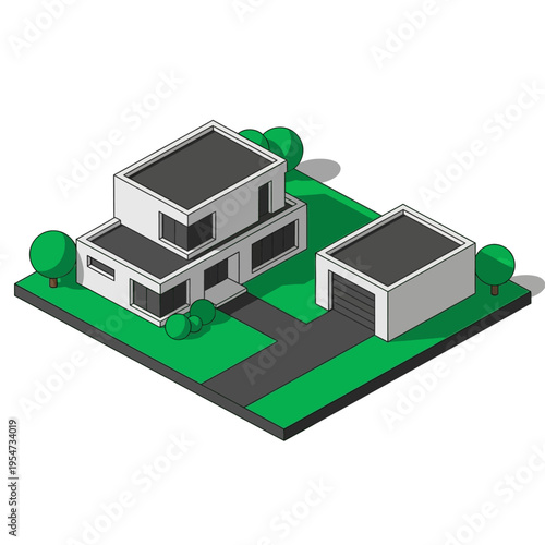 Isometric view of a modern two-story house with a detached garage and surrounding green lawn, rendered in a clean, minimalist style.