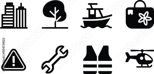 set of minimal black and white icons, city building, tree, boat, shopping bag, warning sign, wrench, safety vest, helicopter symbols