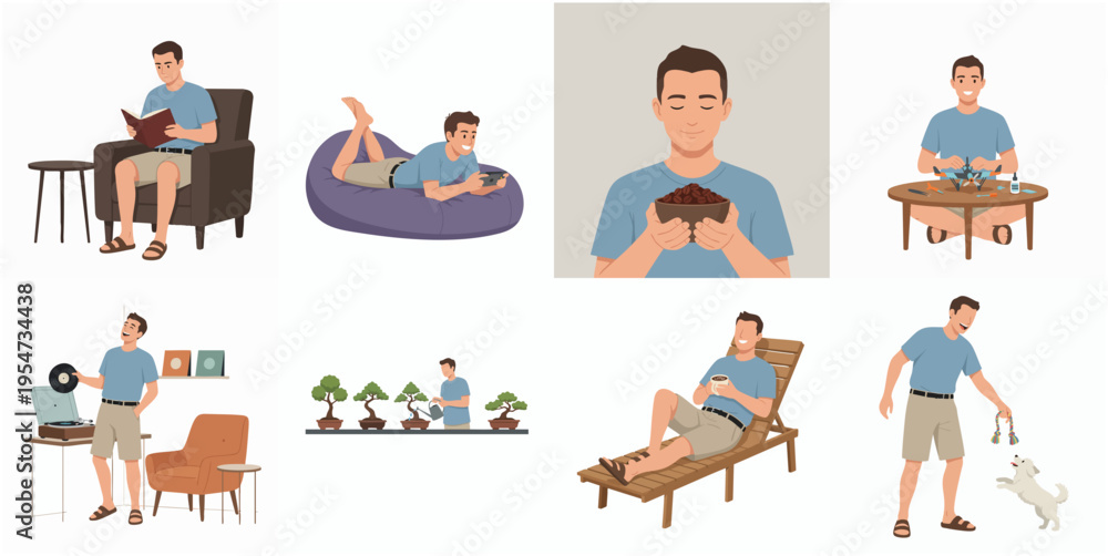 Fototapeta premium Flat Cartoon Style Man Daily Activity and Hobby Illustration Set