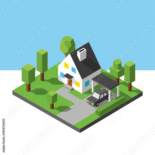 Isometric view of a suburban house with a car parked under a carport, surrounded by trees and a green lawn under a clear blue sky.