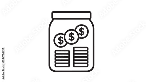 Jar icon with dollar coins and stacks of coins, representing savings and financial growth. featuring money, finance, wealth with investment and