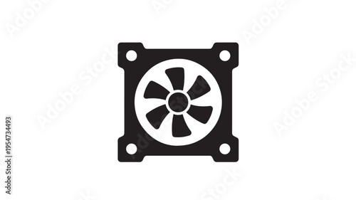 Fan computer icon with black rotor blades and mounting holes on a white background, symbolizing cooling and ventilation technology.
