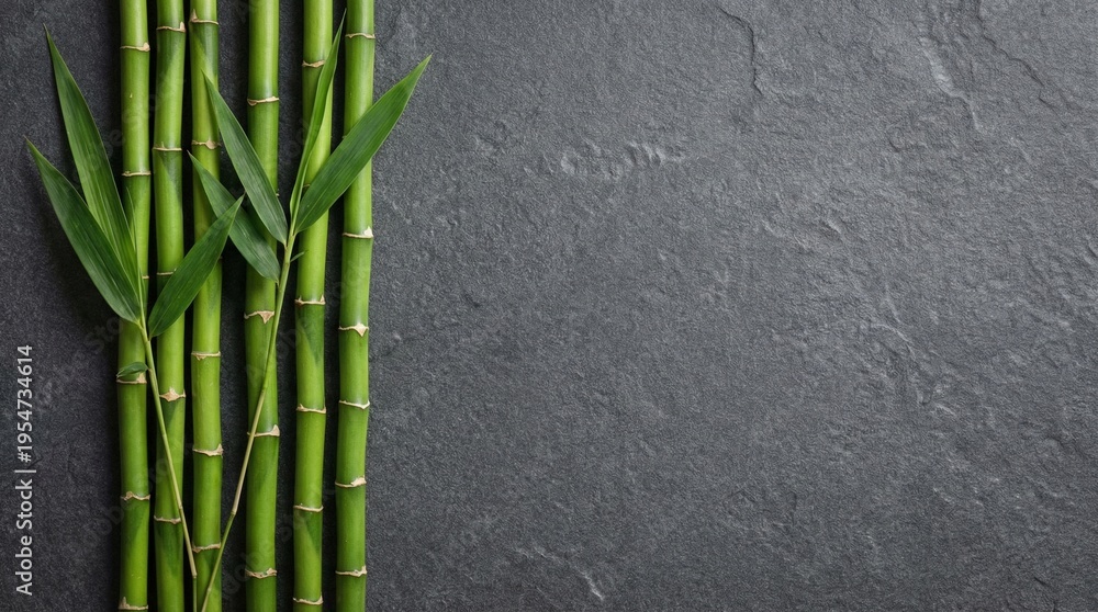 Fototapeta premium Green Bamboo Stalks on Dark Stone Background with Copy Space
