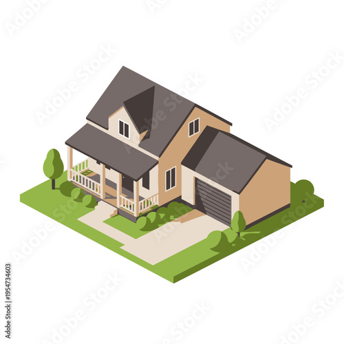 Isometric illustration of a suburban house with a porch, garage, and green lawn, rendered in a clean, modern style.