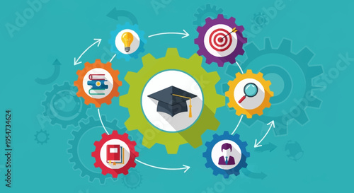 Education Strategy and Learning Process Infographic with Graduation Cap, Books, and Gear Icons for Academic Success and Knowledge Management