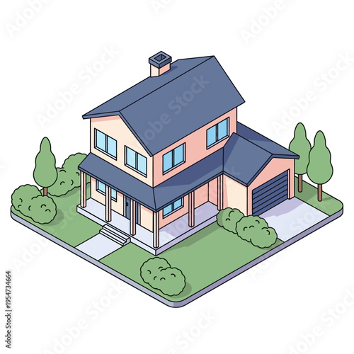 An isometric illustration of a two-story suburban house with a garage, porch, and surrounding greenery.