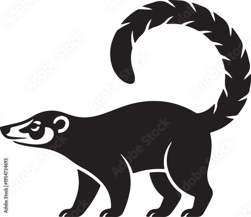 Black Silhouette of a Coati with Plumed Tail on White Background