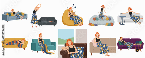 Illustrated Collection of Woman Doing Different Activity on Sofa Illustration