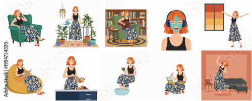 Relaxing Lifestyle Diverse Poses Illustration of a Young Woman in Various Activities
