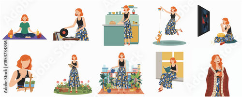 Flat Illustration of Young Woman Engaged in Varied Leisure and Hobby Activities Set