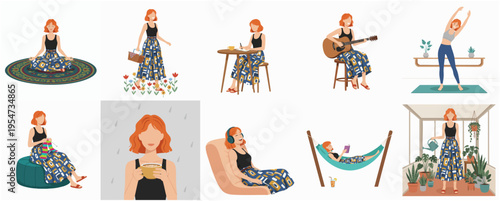 Relaxed Flat Illustration Woman Enjoying Leisure Activity at Home Lifestyle