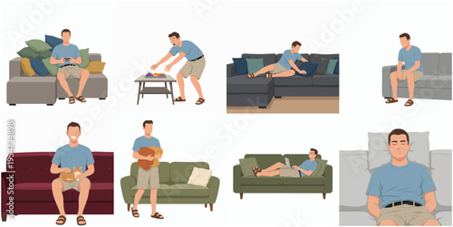 Flat Style Relaxing Man Sitting and Laying on Sofa Illustration Set