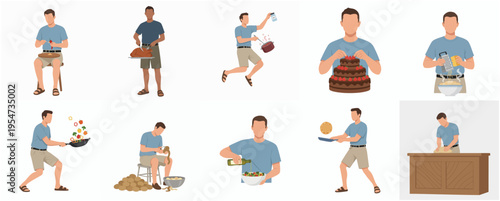 Minimalistic Flat Design Various Men Cooking and Preparing Food Illustration Set