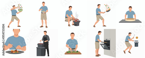 Minimalist Flat Illustration of Man in Various Cooking Activities Icon Set