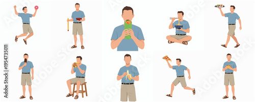 Flat Design Man Character Various Activity with Food and Drink Illustration
