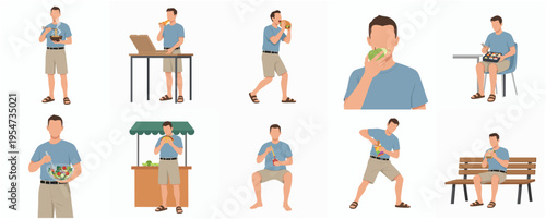 Minimalist Flat Style Man Eating Various Food in Different Poses