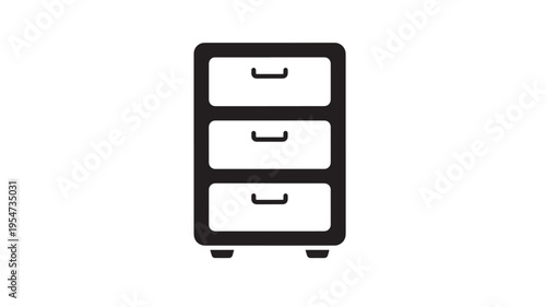 Filing cabinet icon with three drawers and short legs, minimalist design, representing storage and organization.