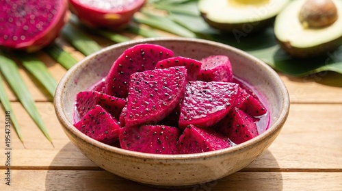 Fresh Slices of Vibrant Red Dragon Fruit in a Bowl on a Tropical Wooden Table