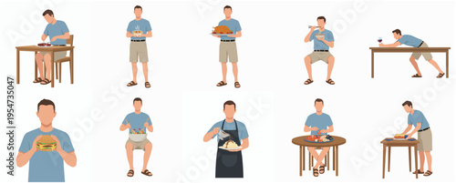 Simple Minimalist Man Character Eating Food in Various Poses Illustration