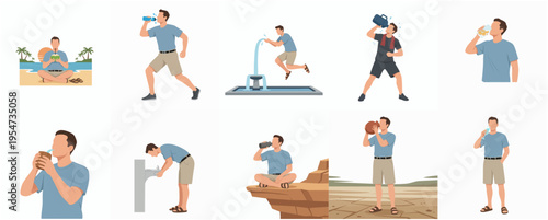Flat Illustration Collection of Man Drinking in Different Situation Lifestyle