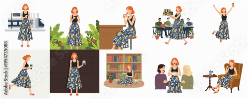 Diverse Lifestyle Illustration of Redhead Woman in Various Casual Activities