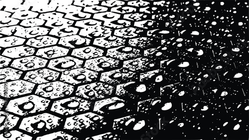 Black and white hexagonal pattern with water droplets and grunge texture overlay creates a striking abstract design element for creative projects and backgrounds