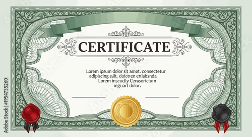 Elegant Vintage Certificate Template with Green Ornate Guilloche Border, Gold Seal and Wax Stamps for Award, Diploma, or Professional Recognition