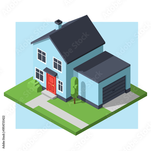 A charming light blue two-story house with a red front door and an attached garage, set on a green lawn with a sidewalk, rendered in a clean isometric illustration style.