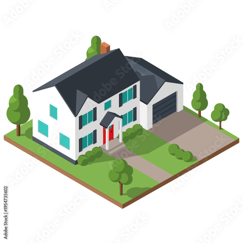 An isometric illustration of a modern two-story suburban house with a garage, surrounded by a green lawn and trees.