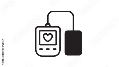 Blood pressure monitor icon with digital display showing a heart symbol and connected cuff for medical health checks