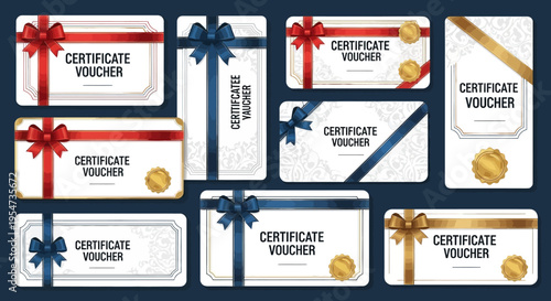 Premium Gift Voucher and Certificate Template Set with Elegant Ribbons, Bows, and Golden Seals