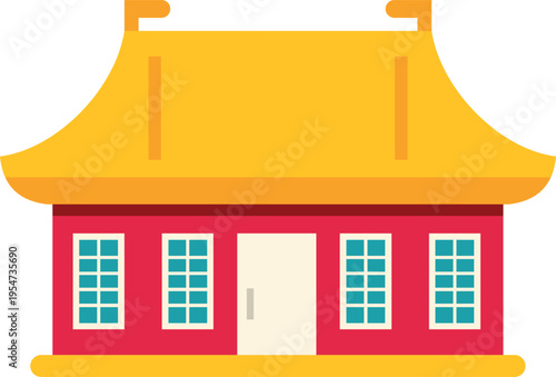 Chinese house with a red body and golden roof representing asian architecture