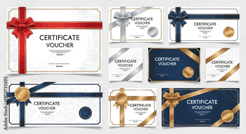 Set of Elegant Gift Certificate and Voucher Templates with Luxury Gold, Silver, and Red Ribbons, Bows, and Seals for Business, Rewards, and Special Occasions