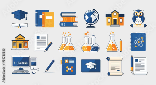Education and Academic Vector Icon Set Featuring Graduation Cap, School Building, Chemistry Flasks, E-learning Computer, and Stationery for Online Learning and Design
