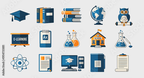 Education and E-Learning Icon Set: School, Science, and Academic Symbols in Flat Design Style