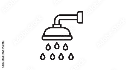 Showerhead icon with water droplets falling, representing hygiene and cleanliness in a simple line art style.