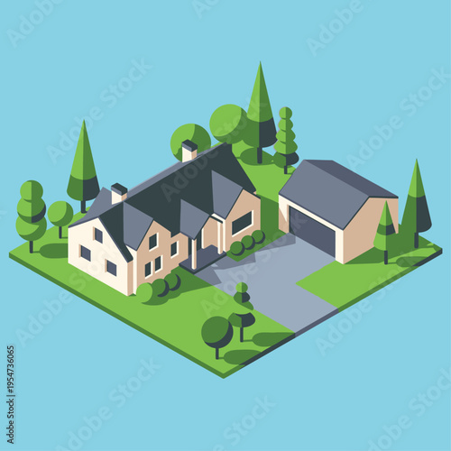 Isometric view of a suburban house with a garage and lush green landscaping under a clear blue sky.