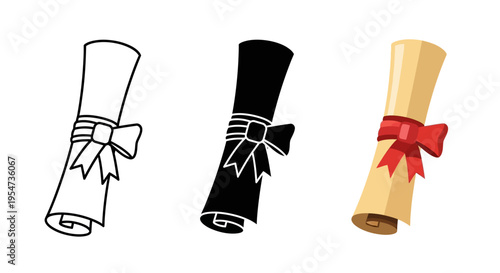 Graduation Diploma Scroll Icon Set - Certificate Achievement Symbols in Outline, Silhouette, and Color Styles with Red Ribbon