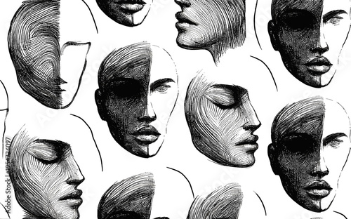 set of different artsy linear facial expressions wall art background