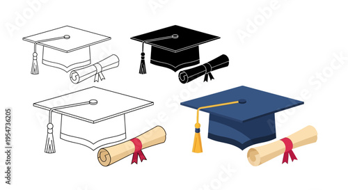 Graduation Cap and Diploma Icon Set: Vector Mortarboard and Scroll Illustrations in Line Art, Silhouette, and Full Color Styles for Academic Achievement and Education Design