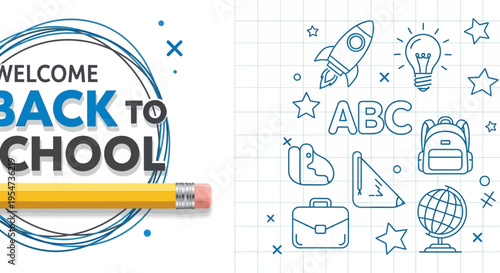 Welcome Back to School Vector Illustration with Pencil and Hand Drawn Educational Doodles on Grid Paper Background