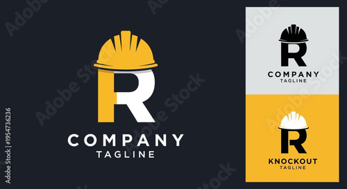 Letter R Construction Logo Design with Yellow Hard Hat for Building and Industrial Brands