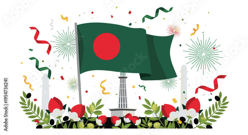Bangladesh national day celebration with flag and monument vector graphics