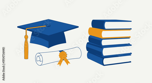 Academic Education and Graduation Illustration Set with Blue Mortarboard Cap, Rolled Diploma with Gold Seal, and Stack of Books Isolated on White Background